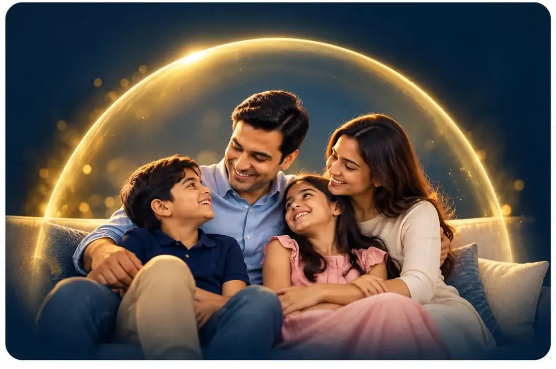 A smiling family of four at home